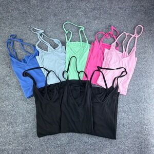 Lot of 8 Womens Small V-Neck Strappy Cami Tank Tops Yoga Pink Blue Green Black